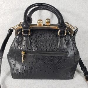 Vintage Black Faux Croc Ostrich Satchel Kiss Lock Bag Gold Hardware Retro‎ Siren